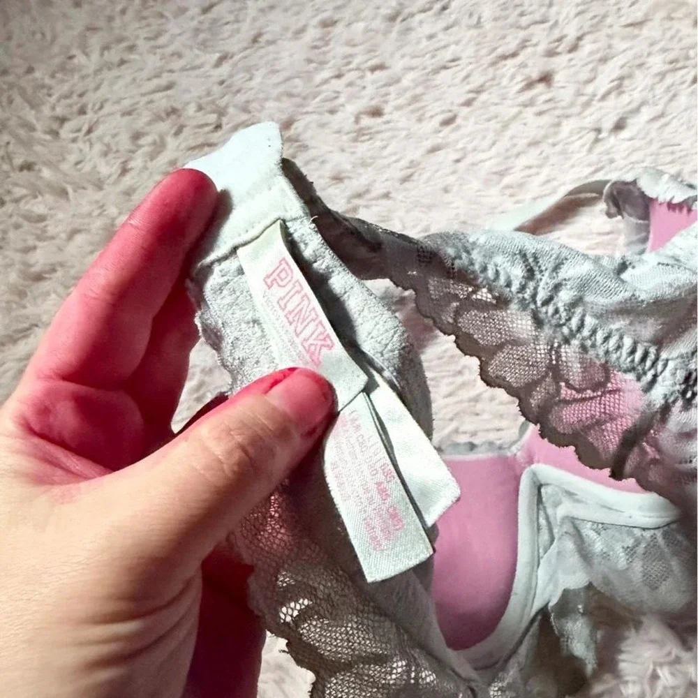 Victorias Secret PINK Gray Lace Preppy Varsity Campus Halter Bra Womens L Fairy